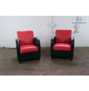 Set stoelen | Fauteuil | Tweedehands | Echt leder | Rood/ zwart | OS256